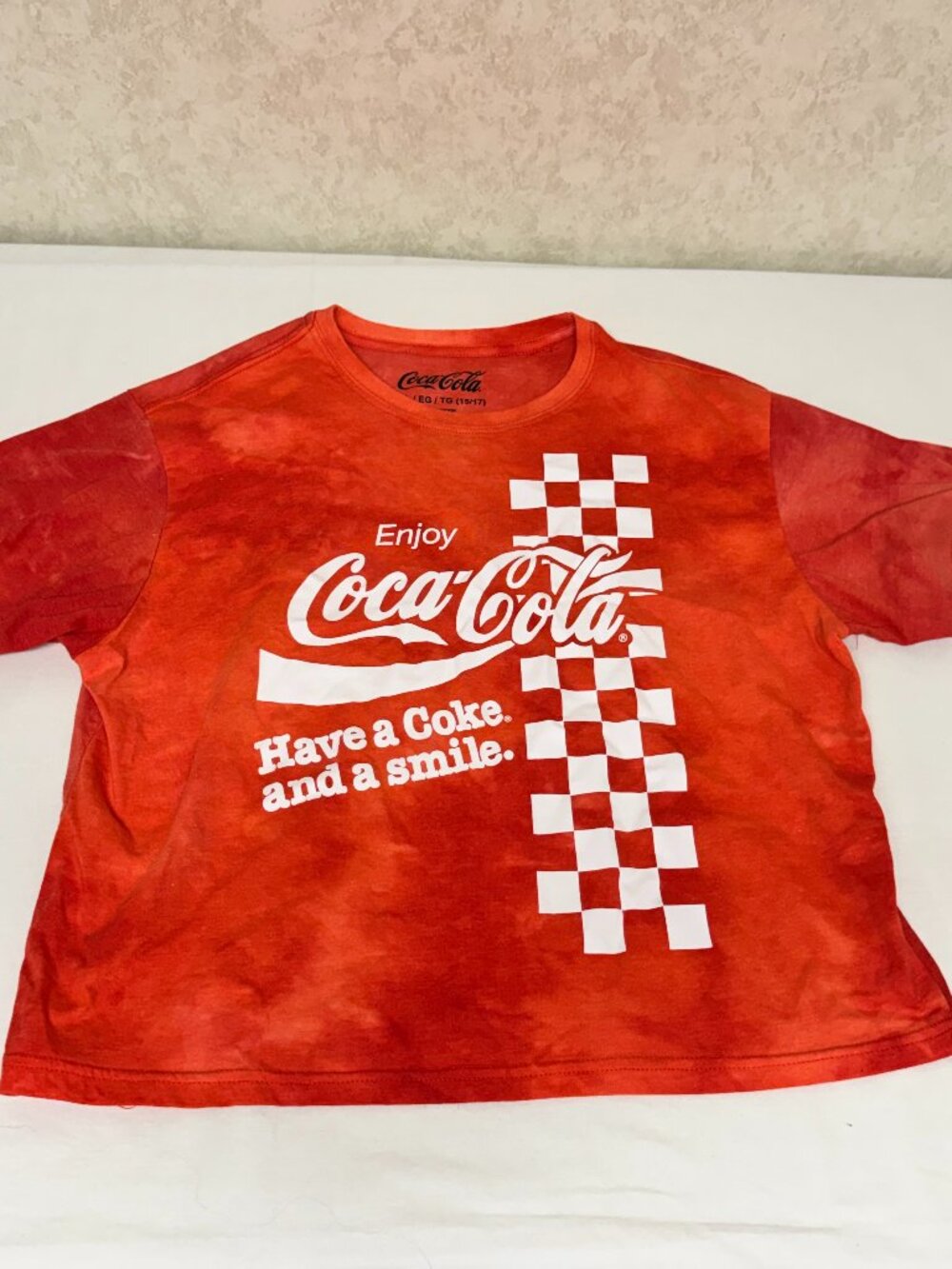 Coca-Cola Tie Dye Graphic Tee XL 15/17 Red Checkered Logo Shirt